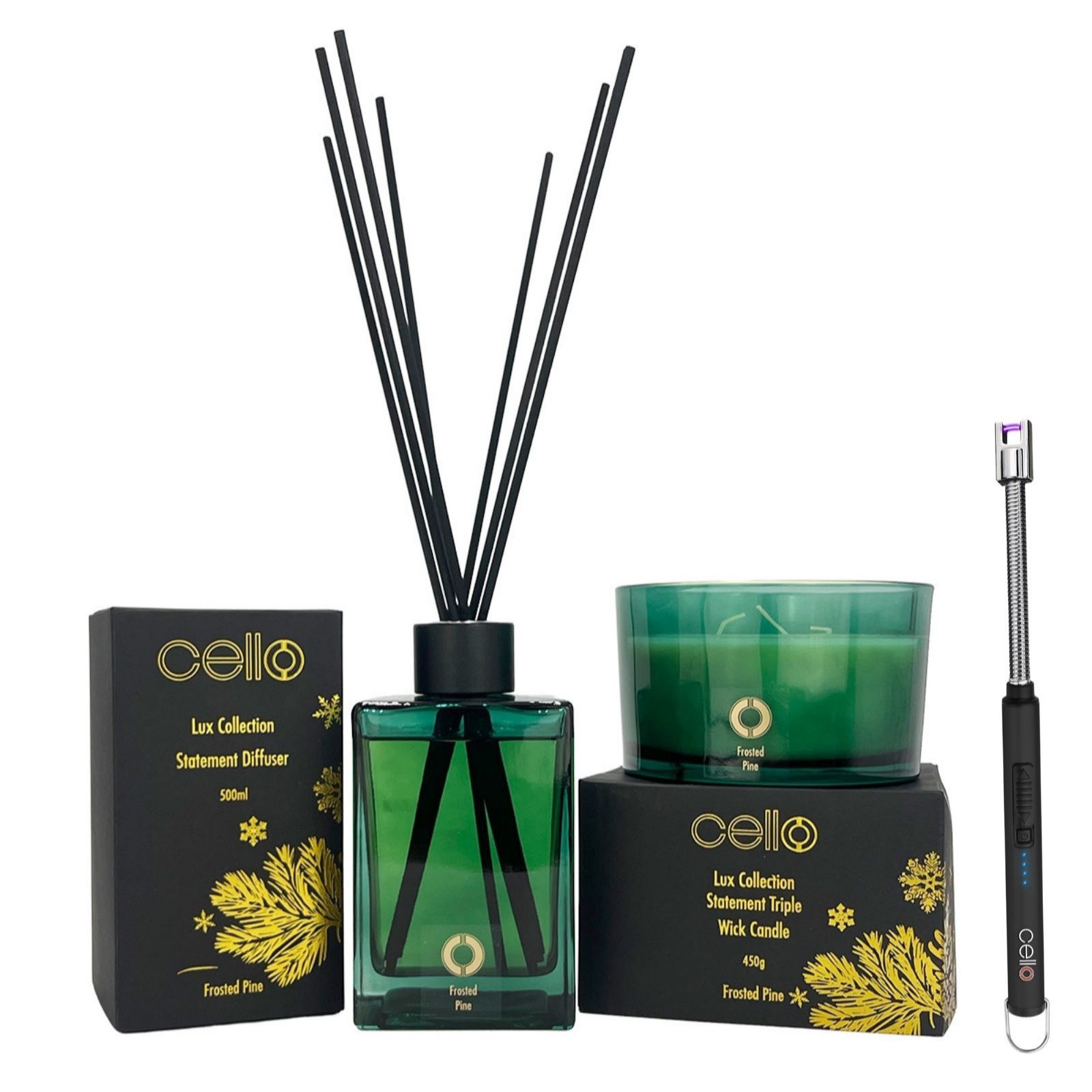 Cello Lux Large Reed Diffuser With 3 Wick Candle And Lighter