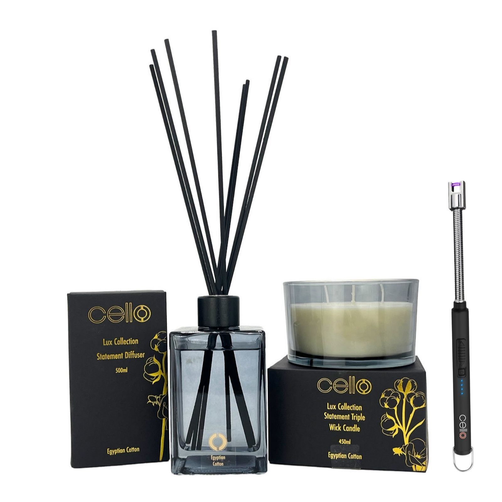 Cello Lux Large Reed Diffuser With 3 Wick Candle And Lighter