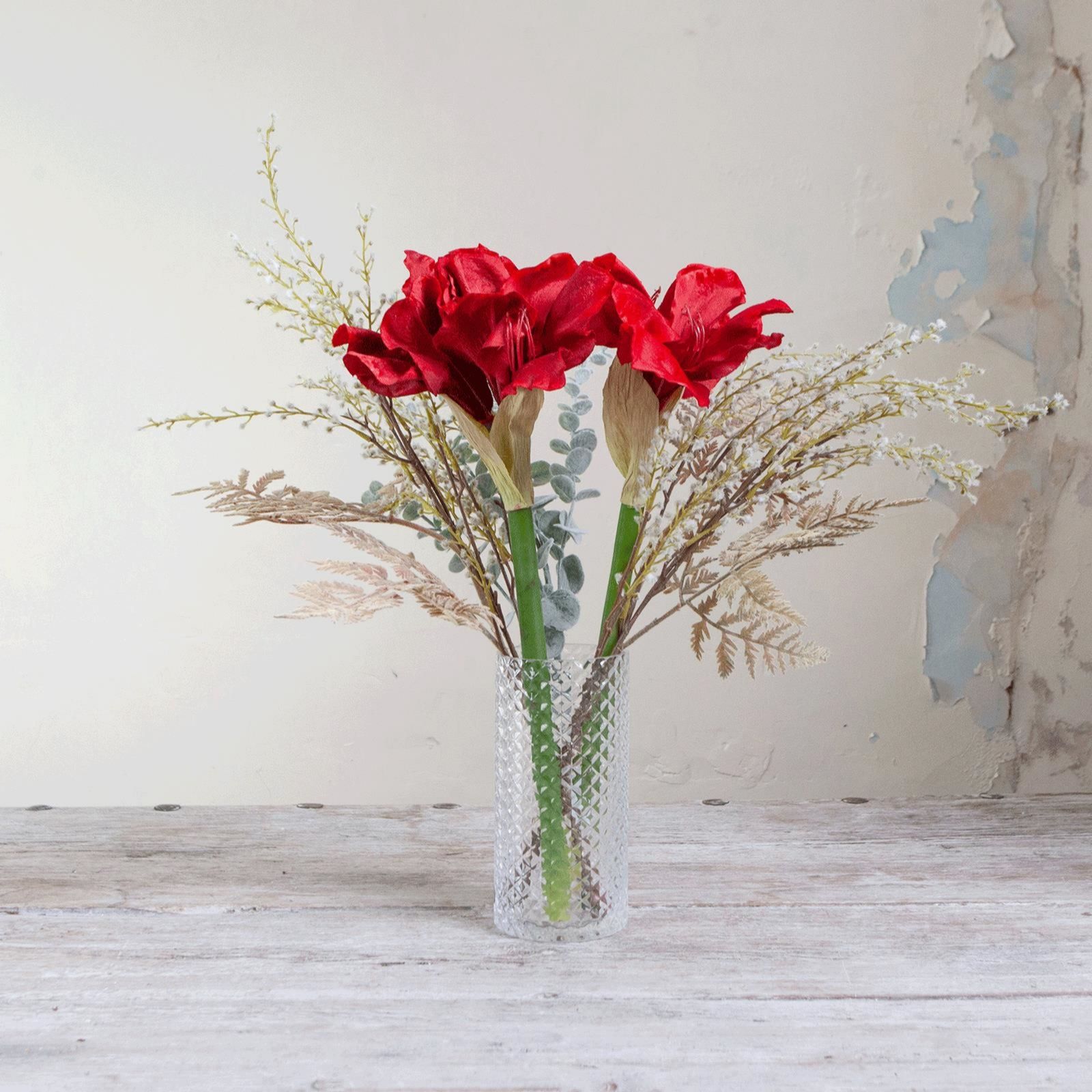 Peony Amaryllis & Foliage In a Textured Vase
