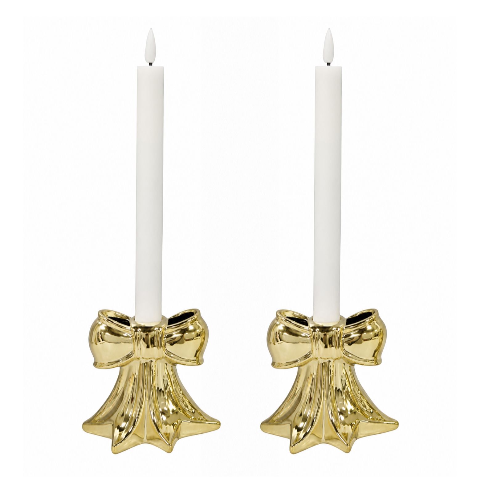Home Stories Set of 2 Metallic Bow Candle Holders with LED Candles