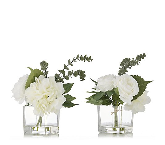 JM by Julien Macdonald Set of 2 Peonies with Eucalyptus in Glass Cubes
