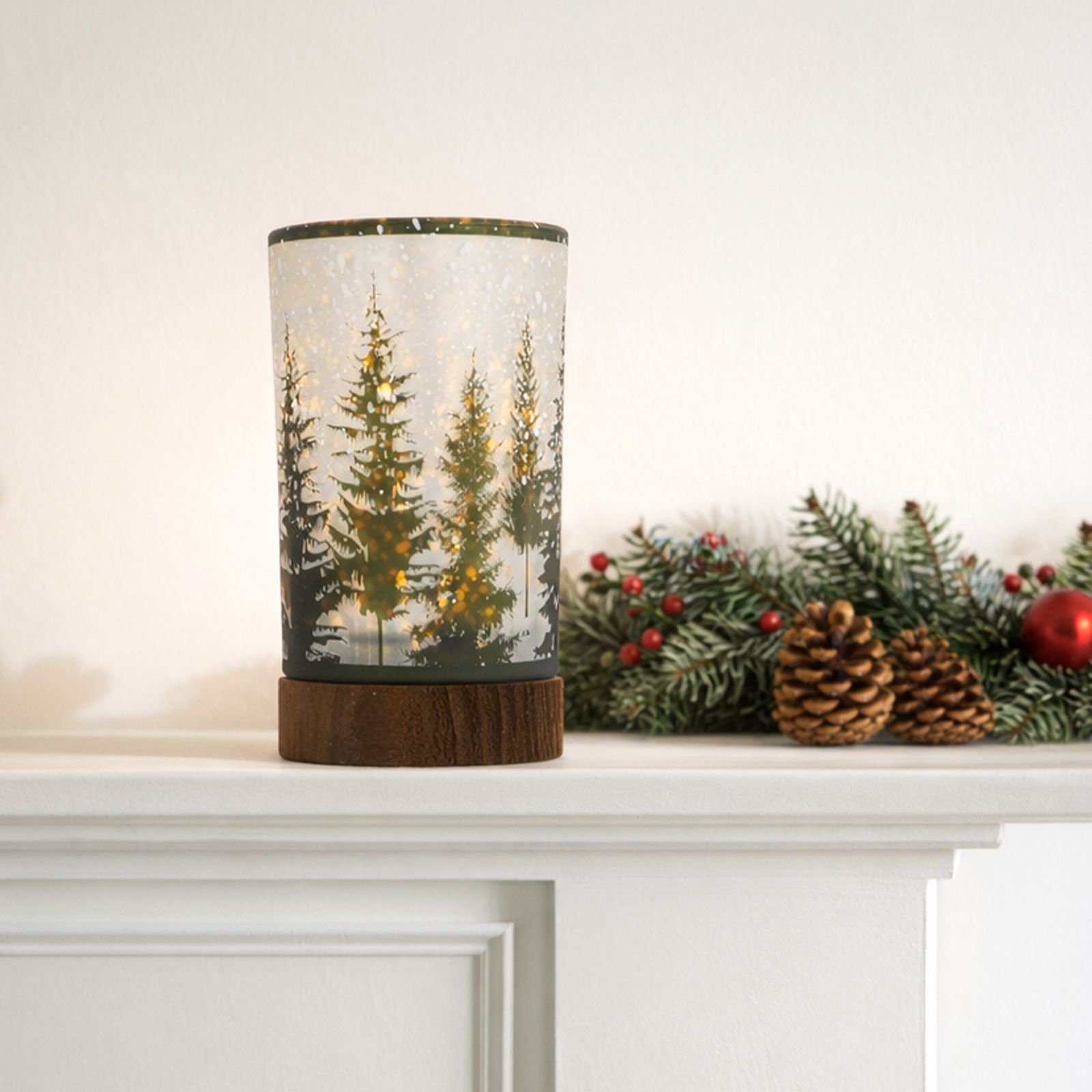 Home Stories Pre Lit Frosted Forest Hurricane On Wooden Stand