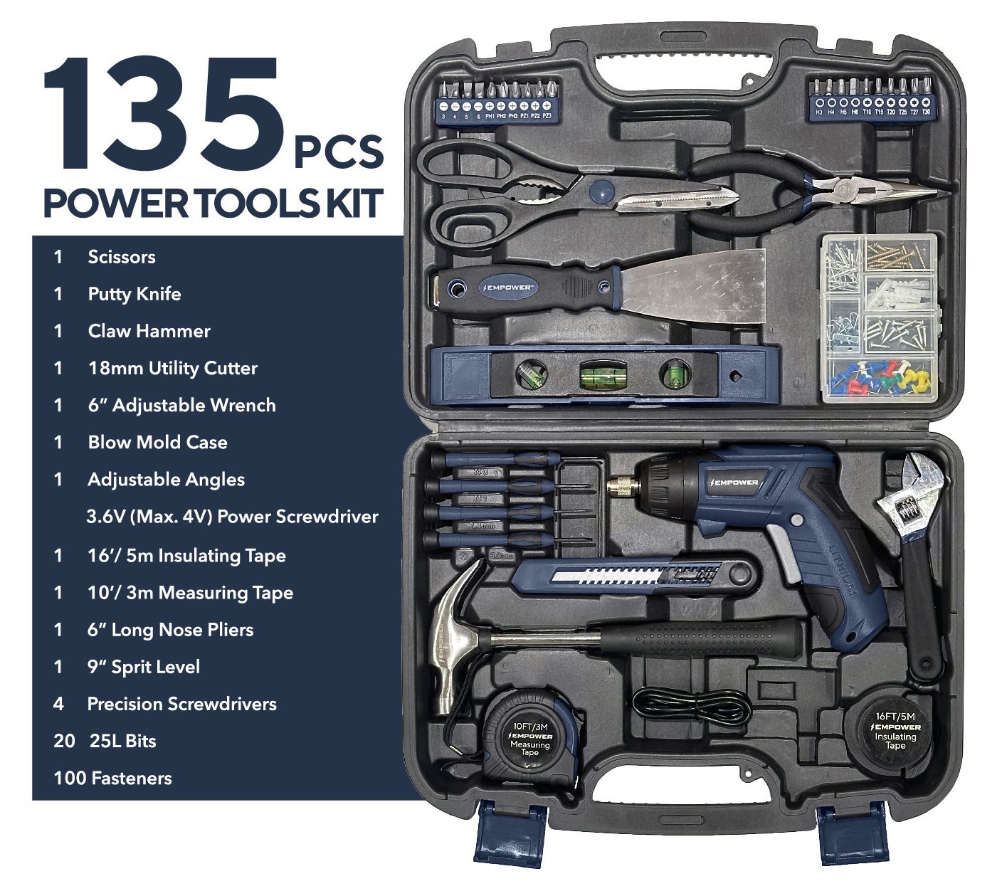 "As Is" EMPOWER 3.6V Cordless Screwdriver w/ 134pc Tool Set & Storage