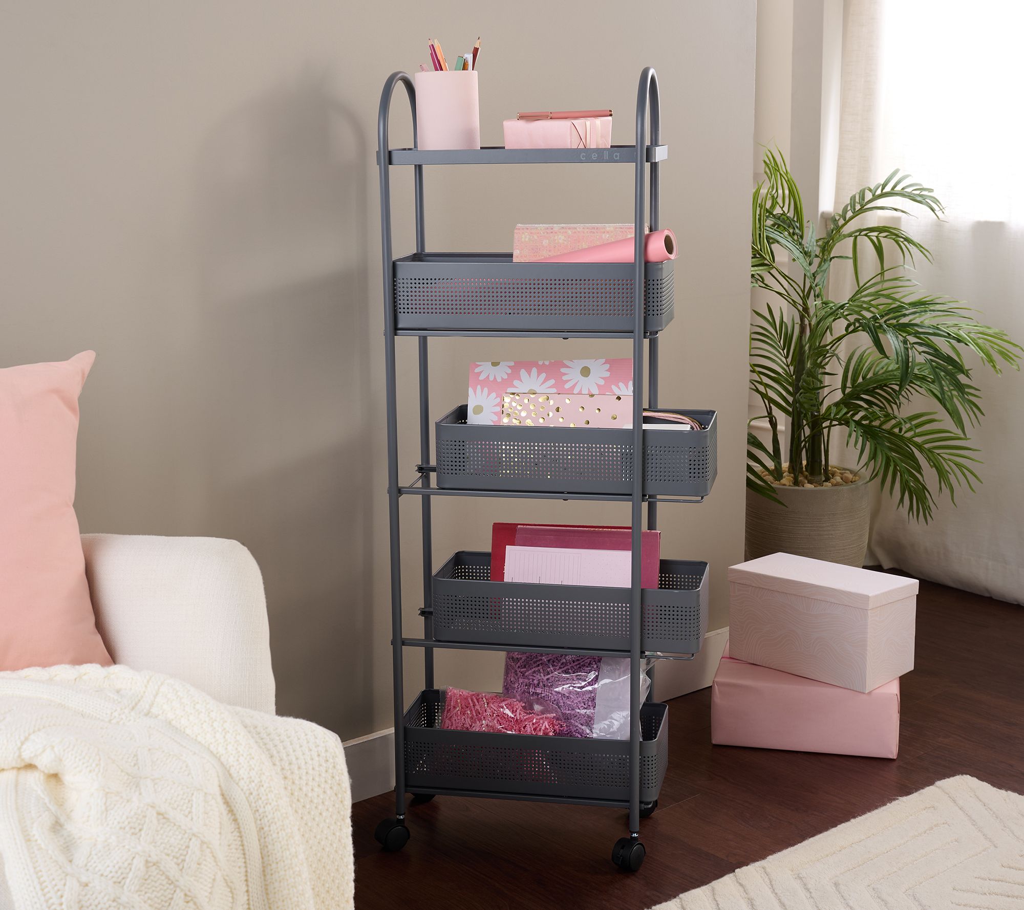 Cella 5-Tier Slim Metal Rolling Cart with Drawers
