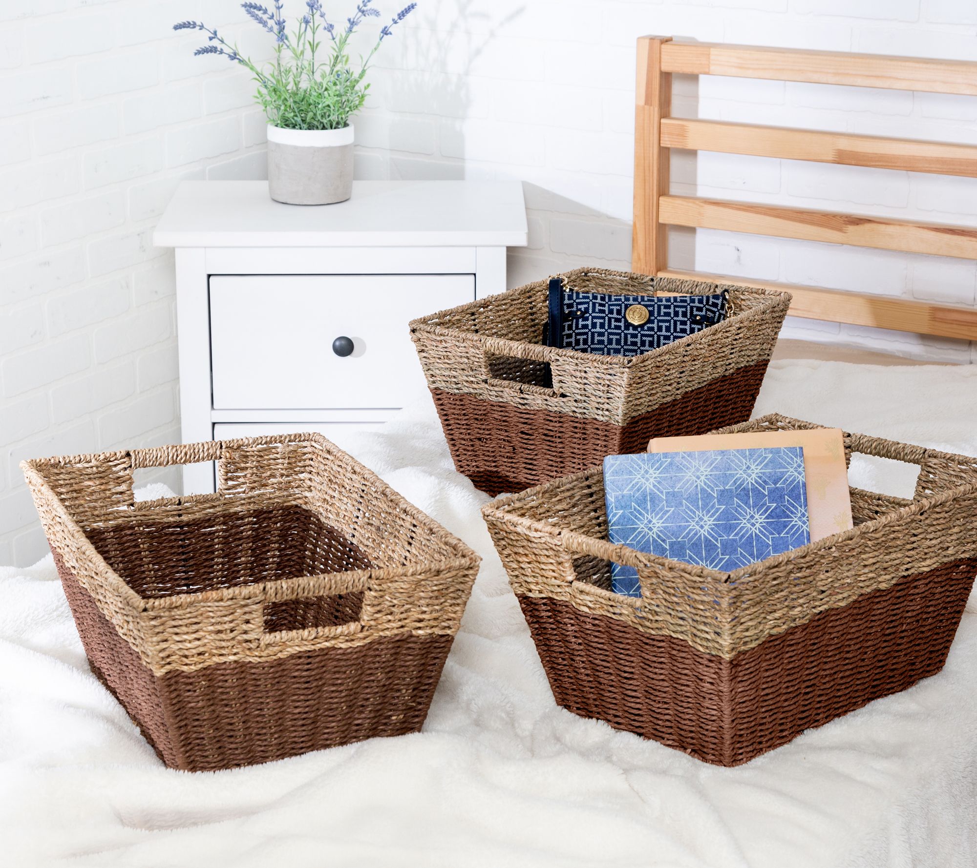 Black Wicker Storage Baskets - Set of 3 Decorative Nesting Boxes