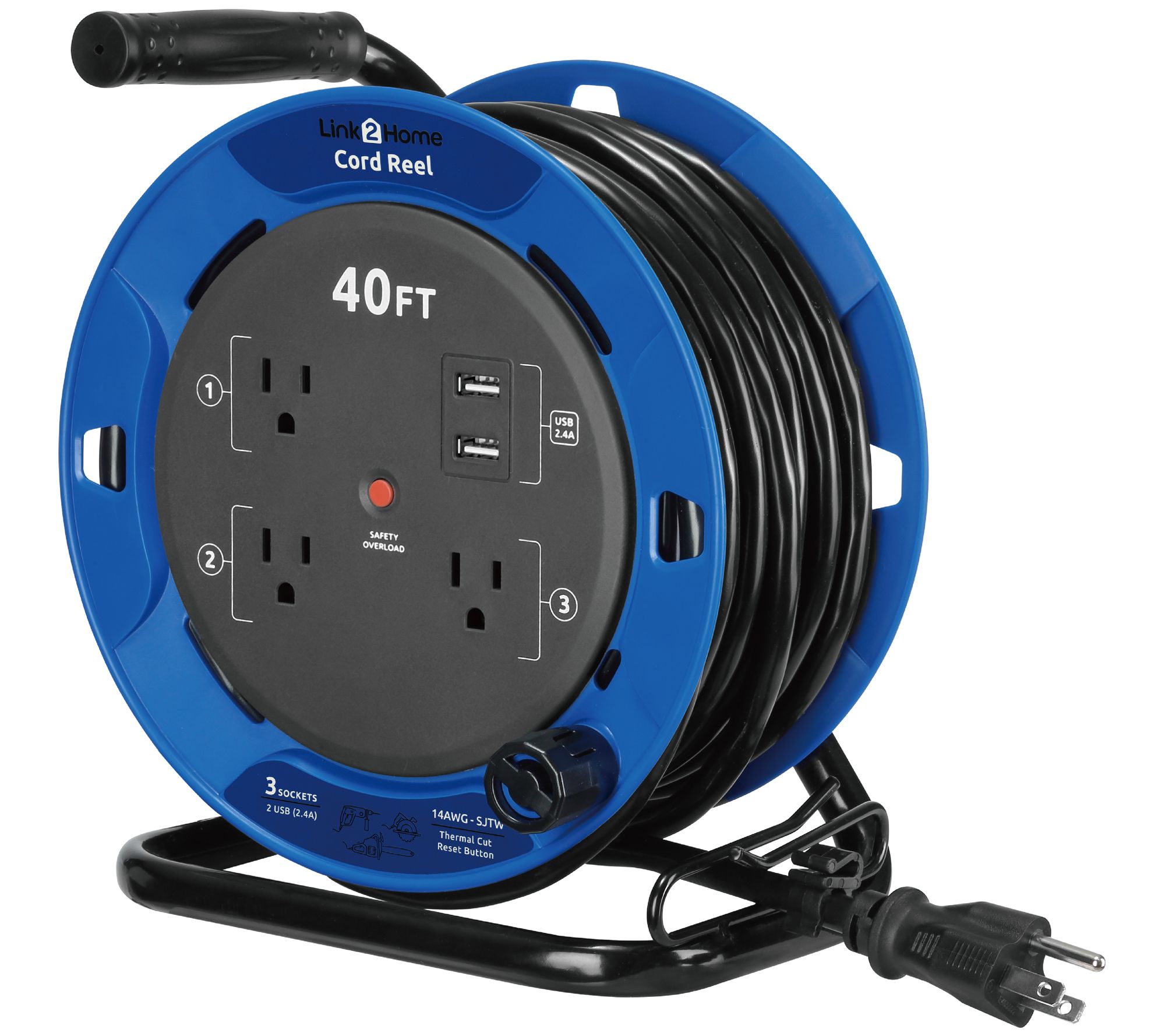 Link2Home Cord Reel 25' Extension Cord, 3 Outlets 2 USBs 