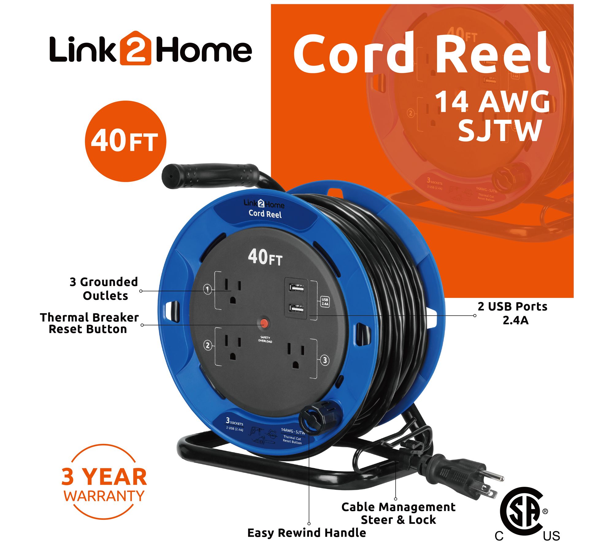 Link2Home Cord Reel 25' Extension Cord with 3 Power Outlets, 2 USB