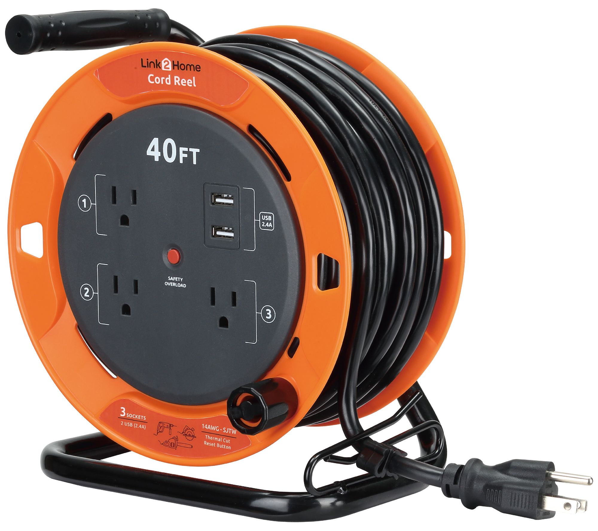 Link2Home 40' Extension Cord with 3 Power Outlets & 2 USB Ports 