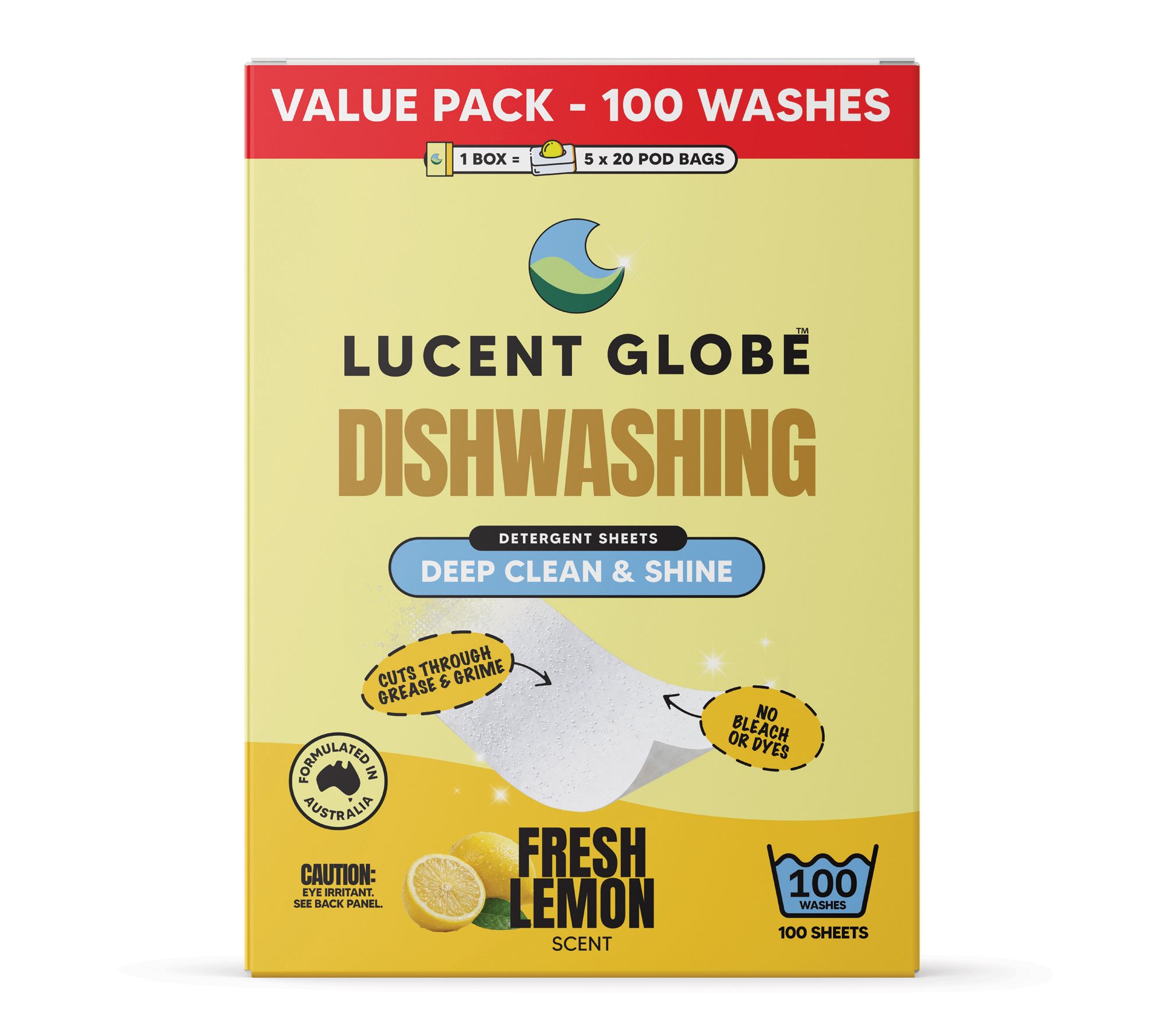  Lucent Globe 100 pack Dishwashing Detergent Sheets Lemon