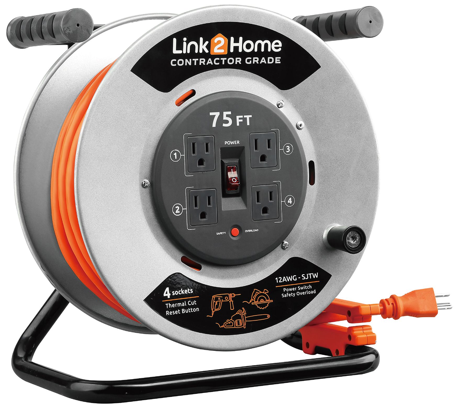 Link2Home 75' Contractor-Grade Extension Cord Reel w/4 Outlet 
