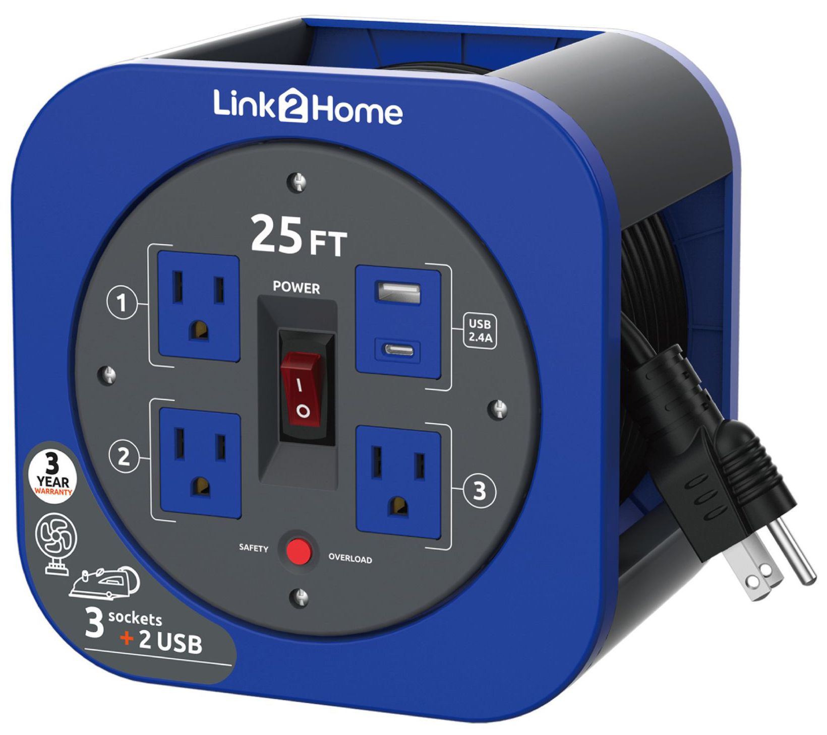 Link2Home Cord Reel 25' Extension Cord Power Outlet & USB