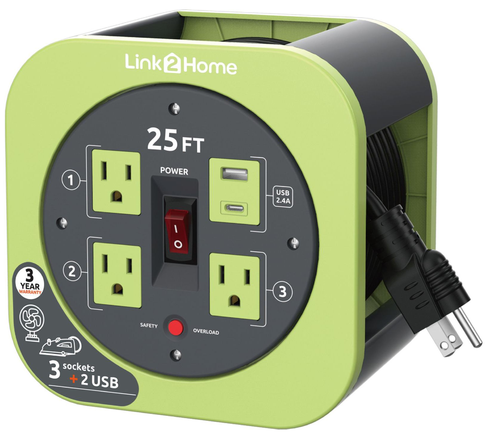 Link2Home Cord Reel 25' Extension Cord Power Outlet & USB