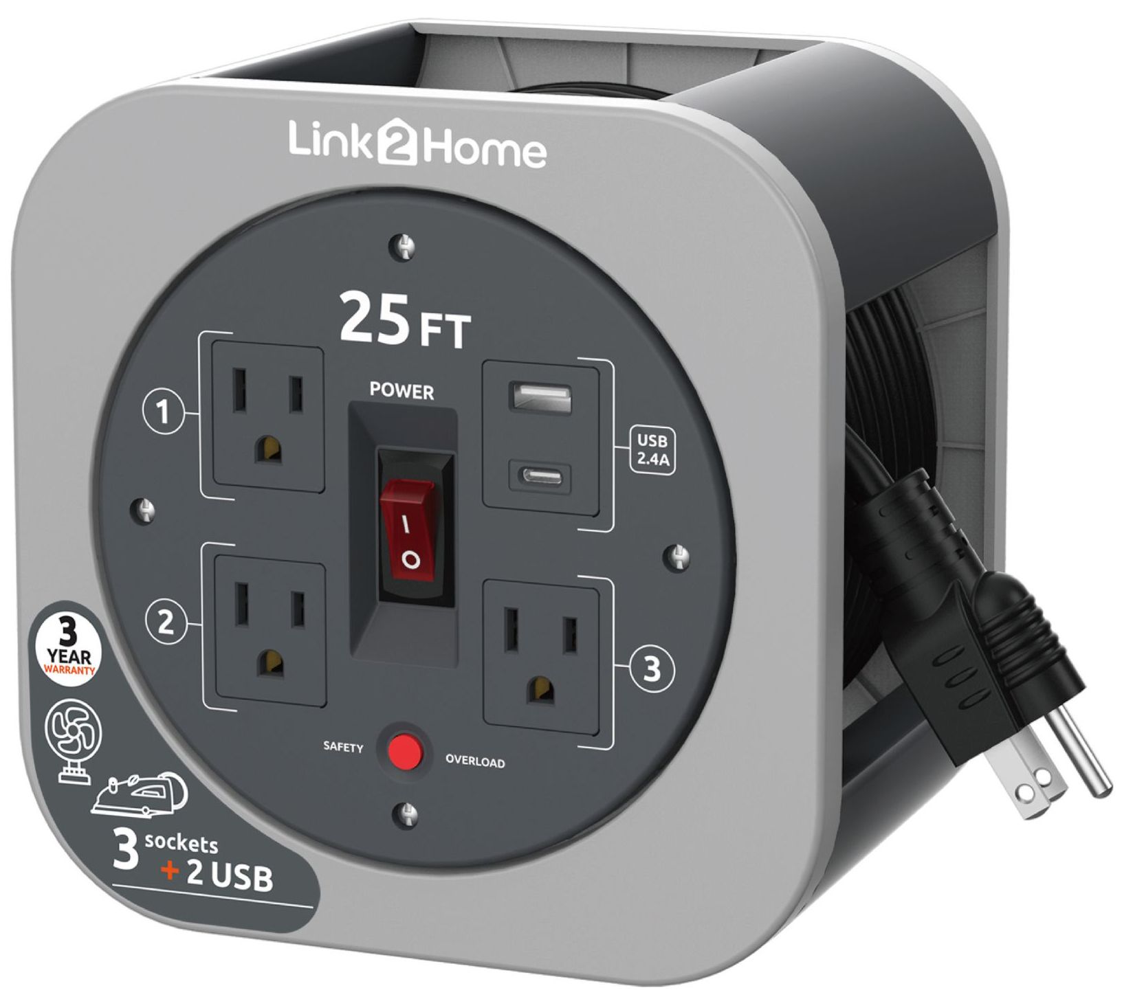 Link2Home Cord Reel 25' Extension Cord Power Outlet & USB
