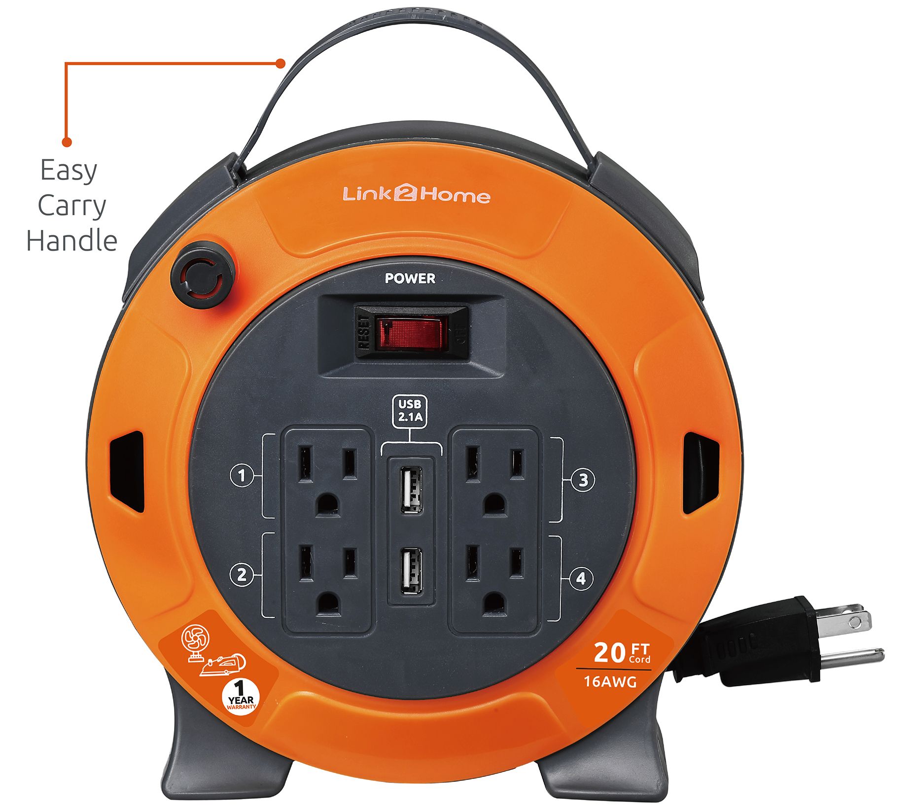 Black + Decker 20' Retractable Extension Cord Reel With 4 Outlets, 2 USB  Ports and Multi-Plug Extension