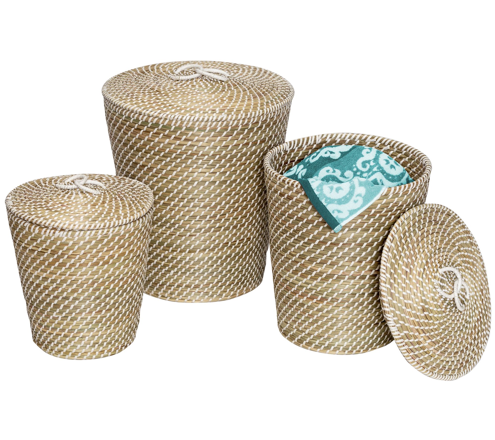 Honey-Can-Do Set of 3 Nesting Seagrass Baskets w/Lids 