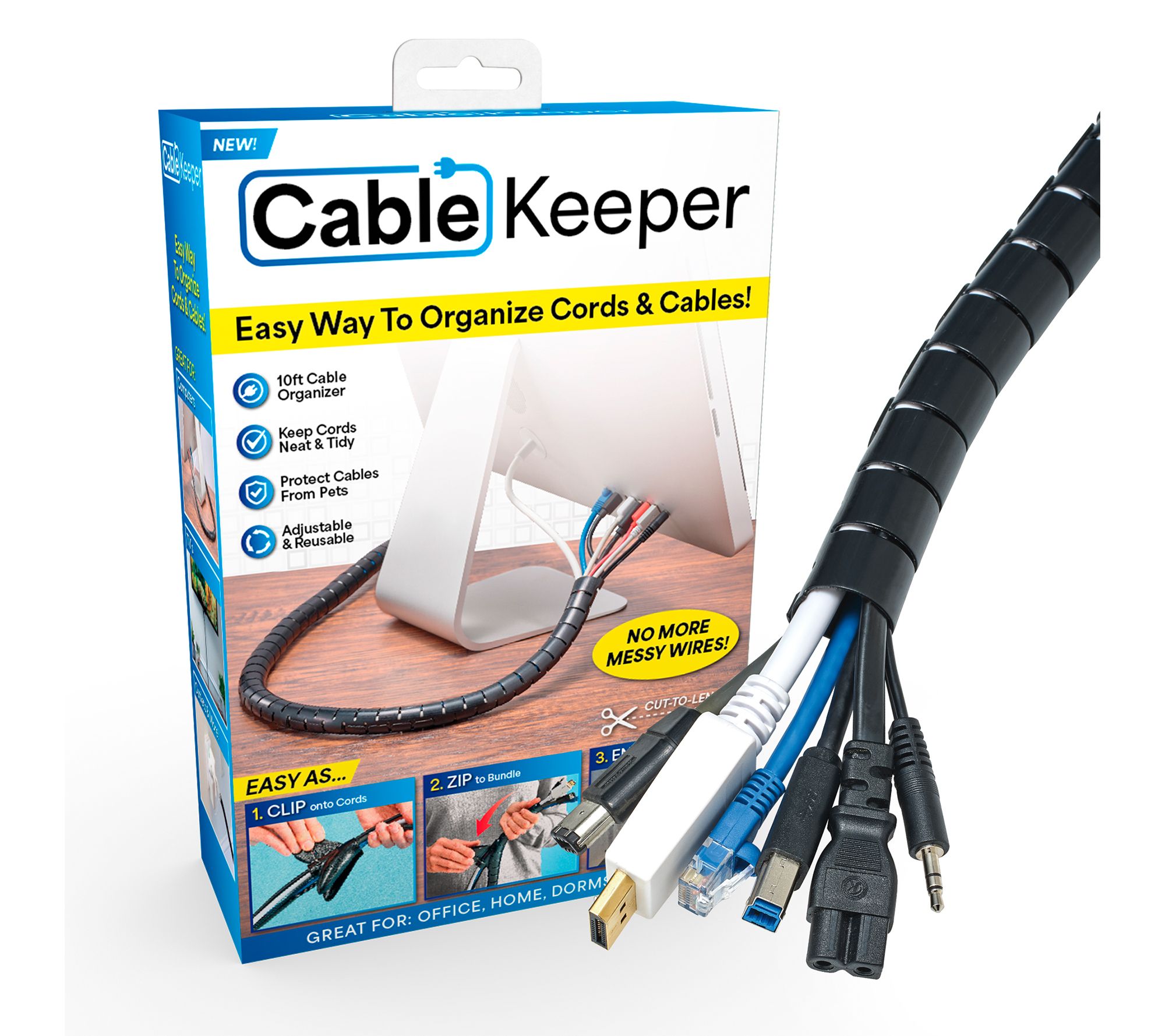 CableKeeper Set of 3 10ft Easy Cable & Cord Organizer