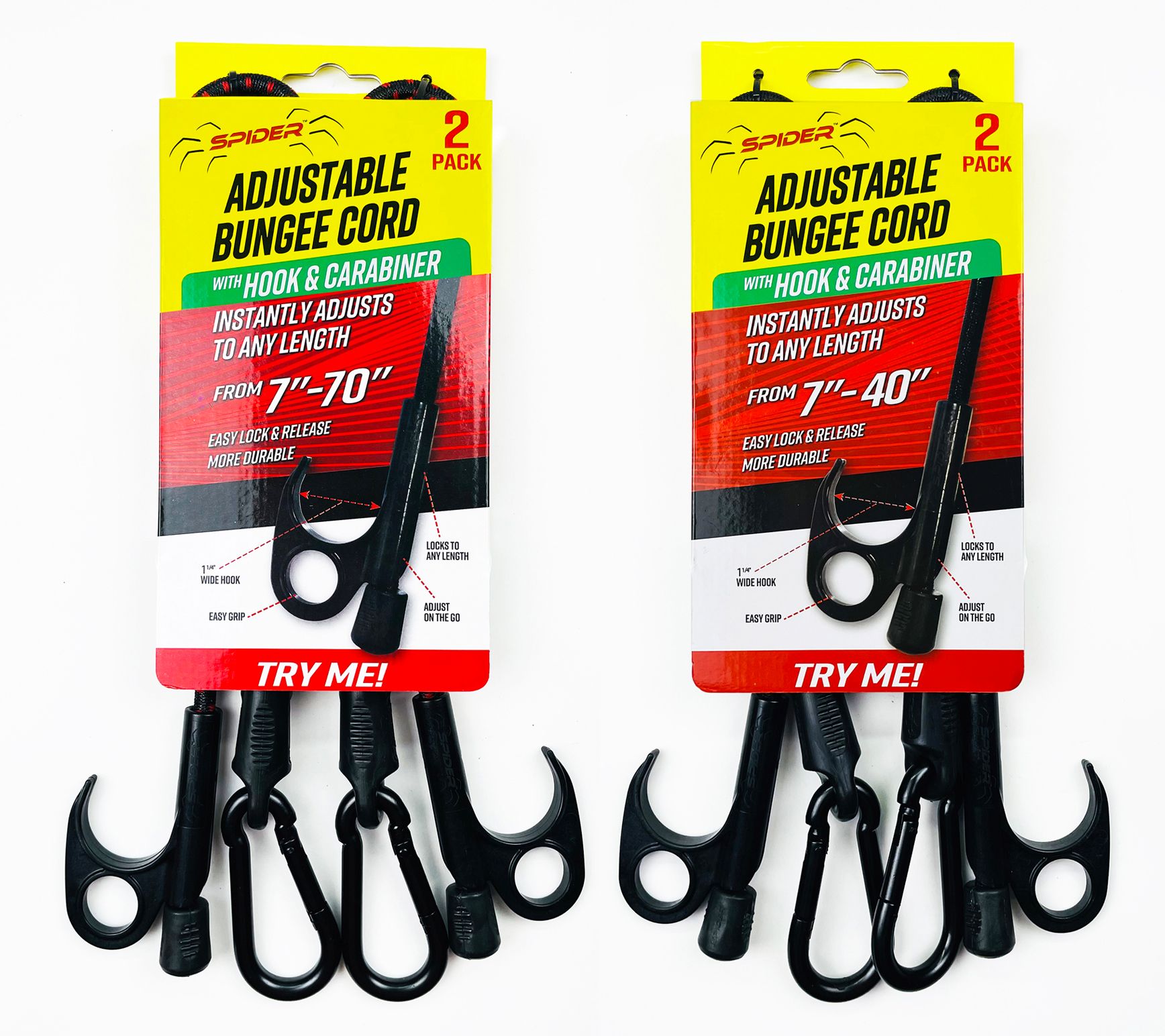 Spider Cord 4-pk Adjustable Bungee Cords with Hook and Carabiner