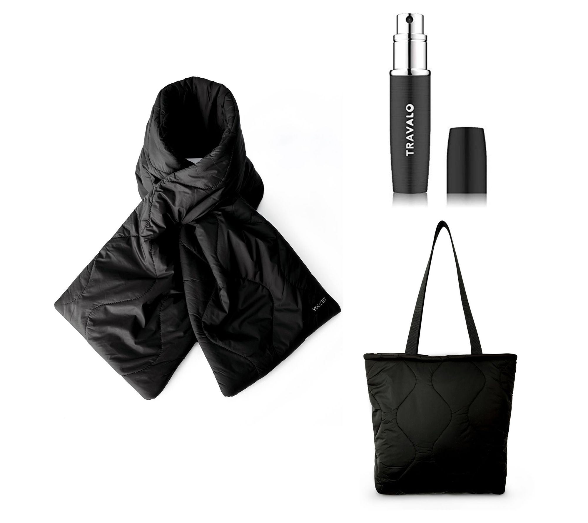 Youzey Jetsetter Travel Puffy Scarf, Tote Bag& Travalo Set